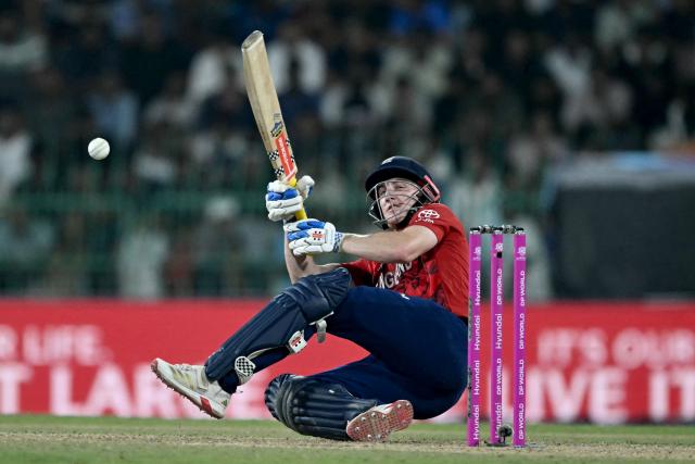 England's captain Harry Brook plays a shot during the 2026 ICC Men's T20 Cricket World Cup Super Eights match between England and New Zealand at the R Premadasa Stadium in Colombo on February 27, 2026. (Photo by Ishara S. KODIKARA / AFP)