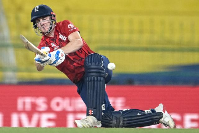 England's captain Harry Brook plays a shot during the 2026 ICC Men's T20 Cricket World Cup Super Eights match between England and New Zealand at the R Premadasa Stadium in Colombo on February 27, 2026. (Photo by R. Satish BABU / AFP)