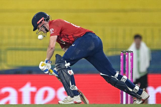 England's captain Harry Brook plays a shot during the 2026 ICC Men's T20 Cricket World Cup Super Eights match between England and New Zealand at the R Premadasa Stadium in Colombo on February 27, 2026. (Photo by R. Satish BABU / AFP)