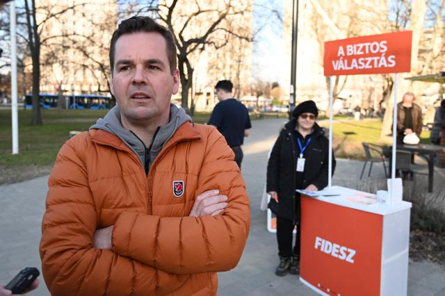 Hungary's ruling FIDESZ party spokesperson Balazs Nemeth campaigns in one of Budapest's outer districts on February 27, 2026. (Photo by Attila KISBENEDEK / AFP)