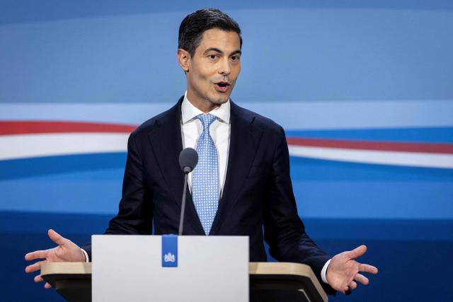 Netherlands' Prime Minister Rob Jetten speaks during the first weekly press conference after the Cabinet meeting in The Hague, on February 27, 2026. (Photo by Koen van Weel / ANP / AFP) / Netherlands OUT
