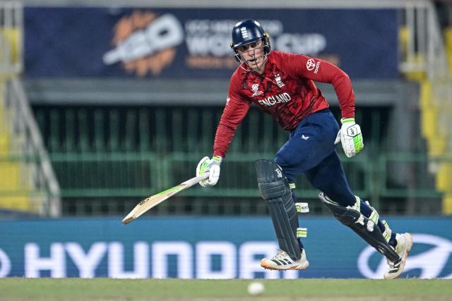 England's Tom Banton runs after playing a shot during the 2026 ICC Men's T20 Cricket World Cup Super Eights match between England and New Zealand at the R Premadasa Stadium in Colombo on February 27, 2026. (Photo by R. Satish BABU / AFP)
