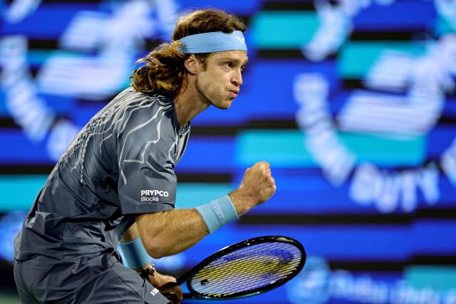 Russia’s Andrey Rublev reacts during his men’s singles semi-final match against the Netherlands' Tallon Griekspoor at the Dubai Duty Free Tennis tournament in Dubai on February 27, 2026. (Photo by Fadel SENNA / AFP)