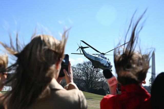 Marine One carrying US President Donald Trump takes off as he departs from the South Lawn of the White House for Texas in Washington, DC, on February 27, 2026. President Trump is traveling to Corpus Christi, Texas, to deliver remarks on energy. (Photo by ANDREW CABALLERO-REYNOLDS / AFP)