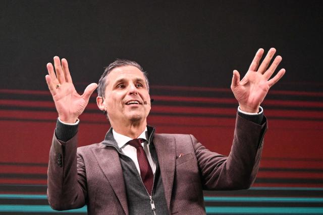 Klaus Zellmer, CEO of Skoda Auto, delivers a speech during the opening of the new battery systems assembly hall at the Skoda factory in Mlada Boleslav city on February 27, 2026. Skoda’s main plant is now the first Volkswagen Group site in Europe to produce cell-to-pack battery systems for use in electric vehicles. (Photo by Michal Cizek / AFP)