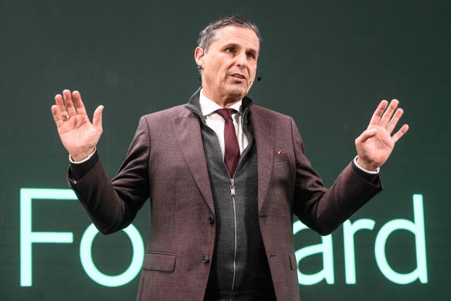 Klaus Zellmer, CEO of Skoda Auto, delivers a speech during the opening of the new battery systems assembly hall at the Skoda factory in Mlada Boleslav city on February 27, 2026. Skoda’s main plant is now the first Volkswagen Group site in Europe to produce cell-to-pack battery systems for use in electric vehicles. (Photo by Michal Cizek / AFP)