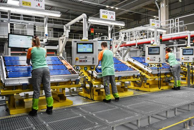 The new battery systems assembly hall is seen during its opening at the Skoda factory in Mlada Boleslav city on February 27, 2026. Skoda’s main plant is now the first Volkswagen Group site in Europe to produce cell-to-pack battery systems for use in electric vehicles. (Photo by Michal Cizek / AFP)
