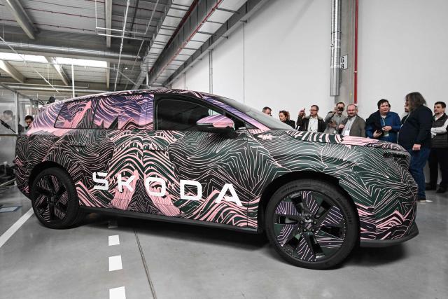 A Skoda Peaq electric car is seen during the opening of the new battery systems assembly hall at the Skoda factory in Mlada Boleslav city on February 27, 2026. Skoda’s main plant is now the first Volkswagen Group site in Europe to produce cell-to-pack battery systems for use in electric vehicles. (Photo by Michal Cizek / AFP)