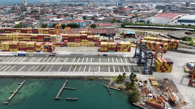 Aerial view showing the Cristobal port, operated by the Panama Ports Company, in Colon province, Panama on February 26, 2026. (Photo by Daniel DE CARTERET / AFP)