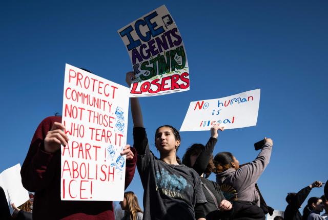 Washington DC high school students rally at an "End ICE brutality" protest by the Lincoln Memorial in Washington, DC, on February 27, 2026. (Photo by ANDREW CABALLERO-REYNOLDS / AFP)