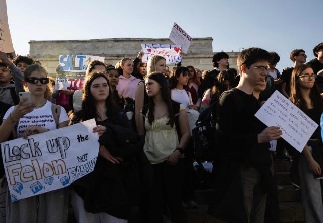 Washington DC high school students rally at an "End ICE brutality" protest by the Lincoln Memorial in Washington, DC, on February 27, 2026. (Photo by ANDREW CABALLERO-REYNOLDS / AFP)