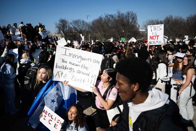 Washington DC high school students rally at an "End ICE brutality" protest by the Lincoln Memorial in Washington, DC, on February 27, 2026. (Photo by ANDREW CABALLERO-REYNOLDS / AFP)