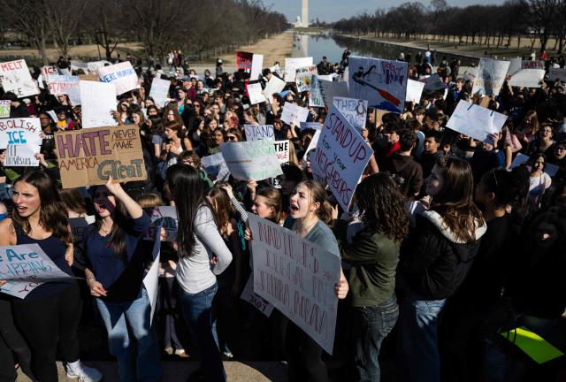 Washington DC high school students rally at an "End ICE brutality" protest by the Lincoln Memorial in Washington, DC, on February 27, 2026. (Photo by ANDREW CABALLERO-REYNOLDS / AFP)