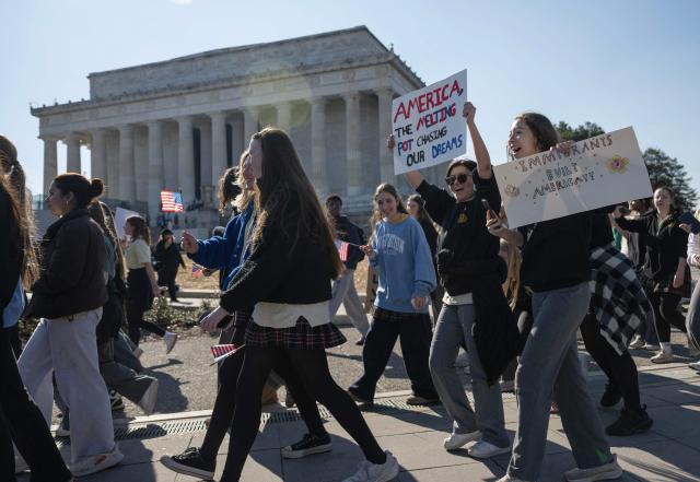 Washington DC high school students rally at an "End ICE brutality" protest by the Lincoln Memorial in Washington, DC, on February 27, 2026. (Photo by ANDREW CABALLERO-REYNOLDS / AFP)
