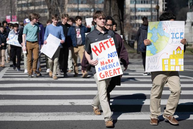 Washington DC high school students rally at an "End ICE brutality" protest by the Lincoln Memorial in Washington, DC, on February 27, 2026. (Photo by ANDREW CABALLERO-REYNOLDS / AFP)