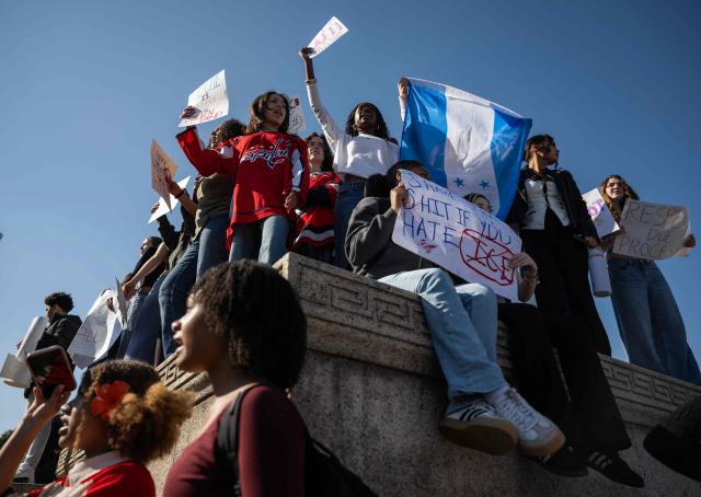 Washington DC high school students rally at an "End ICE brutality" protest by the Lincoln Memorial in Washington, DC, on February 27, 2026. (Photo by ANDREW CABALLERO-REYNOLDS / AFP)
