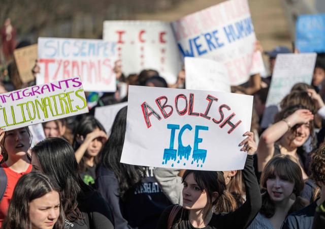 Washington DC high school students rally at an "End ICE brutality" protest by the Lincoln Memorial in Washington, DC, on February 27, 2026. (Photo by ANDREW CABALLERO-REYNOLDS / AFP)