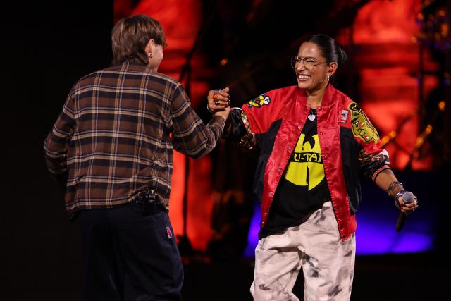Argentine singer Paulo Londra and Chilean singer Anita Tijoux perform during the 65th Vina del Mar International Song Festival in Vina del Mar, Chile on February 27, 2026 (Photo by Javier TORRES / AFP)
