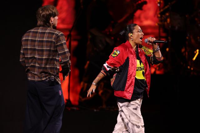 Argentine singer Paulo Londra and Chilean singer Anita Tijoux perform during the 65th Vina del Mar International Song Festival in Vina del Mar, Chile on February 27, 2026 (Photo by Javier TORRES / AFP)