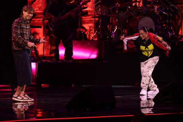 Argentine singer Paulo Londra and Chilean singer Anita Tijoux perform during the 65th Vina del Mar International Song Festival in Vina del Mar, Chile on February 27, 2026 (Photo by Javier TORRES / AFP)