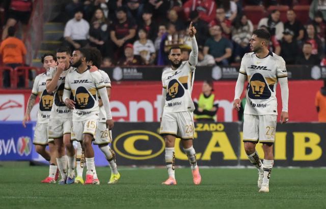 Pumas' Brazilian forward #23 Juninho Vieira celebrates after scoring the equalising goal during the Liga MX Clausura football match between Tijuana and Pumas at Caliente stadium in Tijuana, Mexico on February 27, 2026. (Photo by Guillermo Arias / AFP)