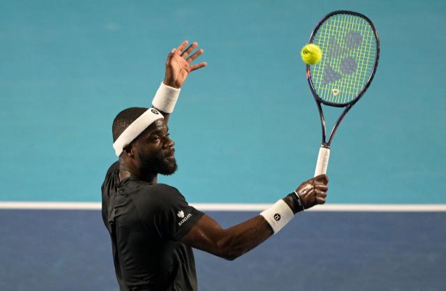 US' Frances Tiafoe returns to compatriot Brandon Nakashima during the 2026 Mexico ATP 500 Tennis Open men's singles tennis semi-final match at the Arena GNP Seguros in Acapulco, Guerrero State, Mexico on February 27, 2026. (Photo by Alfredo ESTRELLA / AFP)
