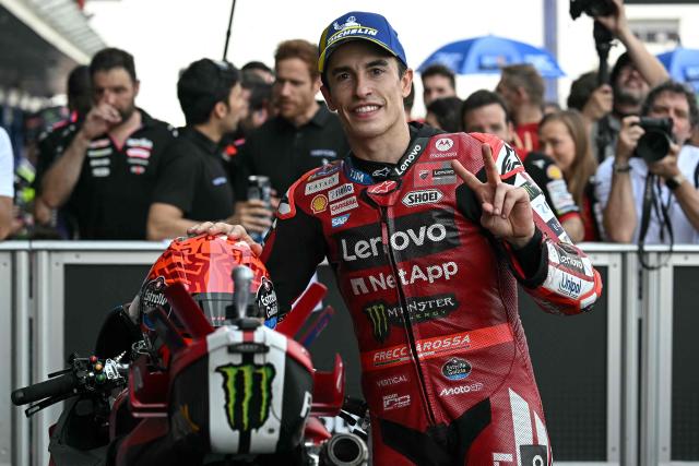 Second-placed Ducati Lenovo Team's Spanish rider Marc Marquez gestures after the qualifying session of the MotoGP Thailand Grand Prix at the Buriram International Circuit in Buriram on February 28, 2026. (Photo by Lillian SUWANRUMPHA / AFP)