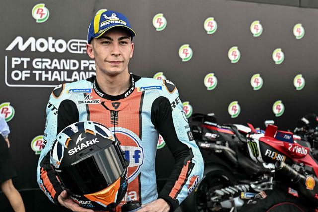 Third-placed Trackhouse MotoGP's Spanish rider Raul Fernandez looks on after the qualifying session of the MotoGP Thailand Grand Prix at the Buriram International Circuit in Buriram on February 28, 2026. (Photo by Lillian SUWANRUMPHA / AFP)