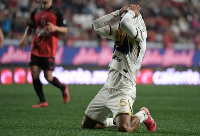 Pumas' Ecuadorian midfielder #45 Pedro Vite reacts during the Liga MX Clausura football match between Tijuana and Pumas at Caliente stadium in Tijuana, Mexico on February 27, 2026. (Photo by Guillermo Arias / AFP)