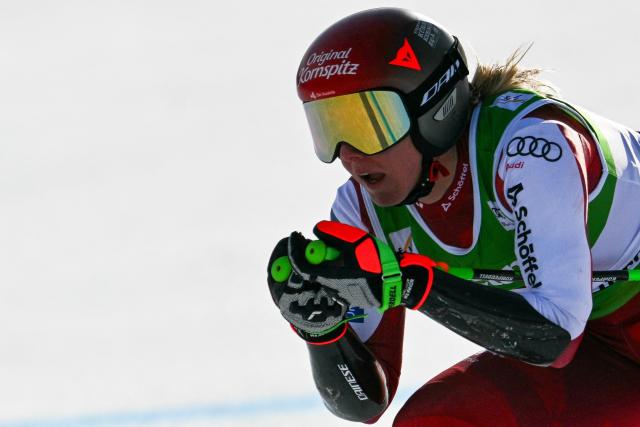 Austria's Cornelia Huetter competes in the women's super G race, part of the FIS Alpine Ski World Cup 2025-2026 in Soldeu on February 28, 2026. (Photo by Lionel BONAVENTURE / AFP)
