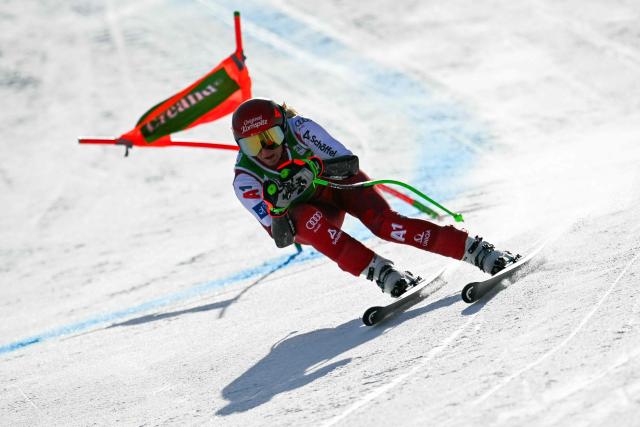 Austria's Cornelia Huetter competes in the women's super G race, part of the FIS Alpine Ski World Cup 2025-2026 in Soldeu on February 28, 2026. (Photo by Lionel BONAVENTURE / AFP)