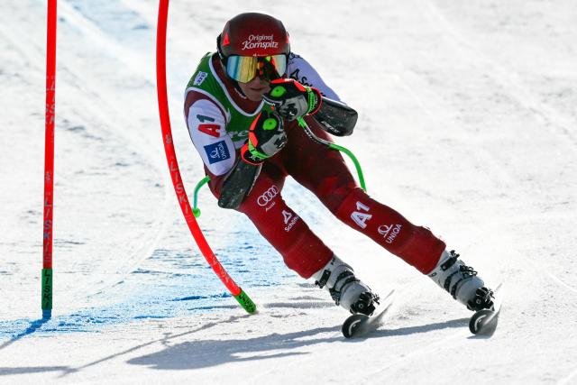 Austria's Cornelia Huetter competes in the women's super G race, part of the FIS Alpine Ski World Cup 2025-2026 in Soldeu on February 28, 2026. (Photo by Lionel BONAVENTURE / AFP)