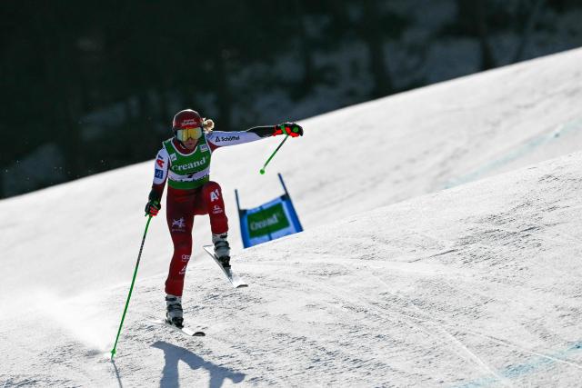 Austria's Cornelia Huetter competes in the women's super G race, part of the FIS Alpine Ski World Cup 2025-2026 in Soldeu on February 28, 2026. (Photo by Lionel BONAVENTURE / AFP)