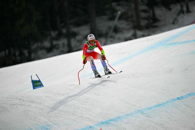 Switzerland's Jasmin Mathis competes in the women's super G race, part of the FIS Alpine Ski World Cup 2025-2026 in Soldeu on February 28, 2026. (Photo by Lionel BONAVENTURE / AFP)