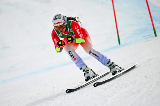 Switzerland's Jasmin Mathis competes in the women's super G race, part of the FIS Alpine Ski World Cup 2025-2026 in Soldeu on February 28, 2026. (Photo by Lionel BONAVENTURE / AFP)