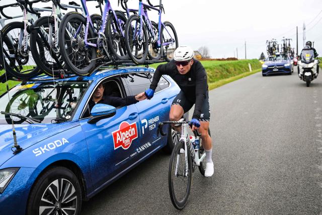 Alpecin-Premier Tech Team's Belgian rider Jasper Philipsen competes in the 81st edition of the men's one-day cycling race Omloop Het Nieuwsblad (UCI World Tour), the opening race of the Flemish one-day classics season, 207,6 km from Ghent to Ninove on February 28, 2026. (Photo by DAVID PINTENS / Belga / AFP) / Belgium OUT