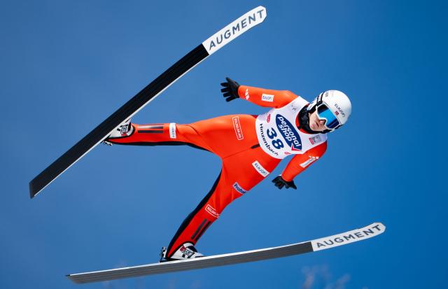 Norway's Heidi Dyhre Traaserud is pictured during the training before the Women's Normal Hill HS90 competition at the FIS Ski Jumping World Cup in Hinzenbach, Austria, on February 28, 2026. (Photo by GEORG HOCHMUTH / APA / AFP) / Austria OUT