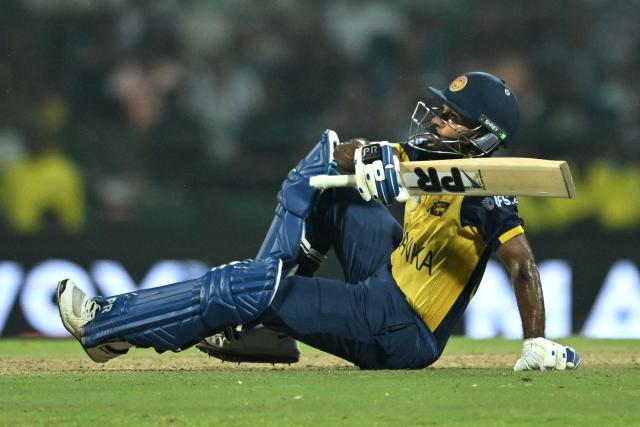 Sri Lanka's Pavan Rathnayake watches after playing a shot during the 2026 ICC Men's T20 Cricket World Cup Super Eights match between Sri Lanka and Pakistan at Pallekele International Cricket Stadium in Kandy on February 28, 2026. (Photo by R. Satish BABU / AFP)