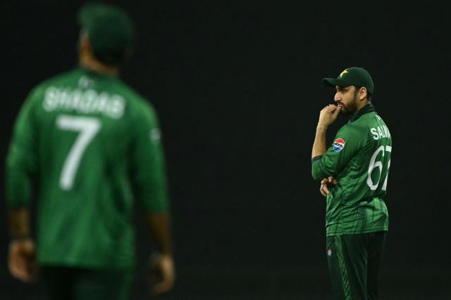 Pakistan's captain Salman Agha looks on during the 2026 ICC Men's T20 Cricket World Cup Super Eights match between Sri Lanka and Pakistan at the Pallekele International Cricket Stadium in Kandy on February 28, 2026. (Photo by Ishara S. KODIKARA / AFP)