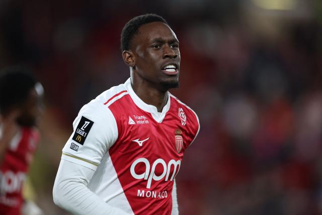 Monaco's US forward #09 Folarin Balogun celebrates after scoring his team's first goal during the French L1 football match between AS Monaco and SCO Angers at the Stade Louis II in the Principality of Monaco on February 28, 2026. (Photo by Valery HACHE / AFP)