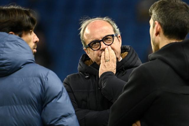 Paris Saint Germain's Portuguese Football Advisor Luis Campos looks on ahead of the French L1 football match between Le Havre AC and Paris Saint-Germain (PSG) at the Stade Oceane in Le Havre, north-western France, on February 28, 2026. (Photo by JEAN-FRANCOIS MONIER / AFP)