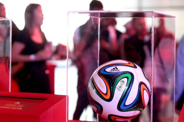 An exhibition of official FIFA World Cup balls is pictured as part of the pre-World Cup experience at the Akron Stadium, where the FIFA World Cup trophy arrived as the second part of its tour in Zapopan, Mexico on February 28, 2026. (Photo by ULISES RUIZ / AFP)