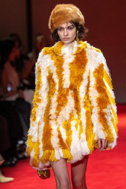 A model presents a creation for Bottega Veneta during the womens's ready-to-wear Fall/Winter 2026 collection fashion show as part of the Milan Fashion Week, in Milan on February 28, 2026. (Photo by MIGUEL MEDINA / AFP)