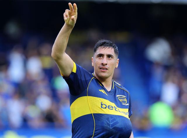 Boca Juniors' Uruguayan forward #16 Miguel Merentiel celebrates after scoring the equalising goal during the Argentine Professional Football League 2026 Apertura Tournament match between Boca Juniors and Gimnasia y Esgrima de Mendoza at La Bombonera Stadium in Buenos Aires on February 28, 2026. (Photo by ALEJANDRO PAGNI / AFP)