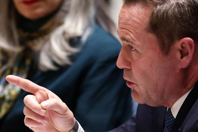 US National Security Advisor Mike Waltz addresses the Iranian delegation during a United Nations Security Council meeting on the situation in the Middle East at UN headquarters in New York on February 28, 2026. United Nations chief Antonio Guterres condemned "escalation" in the Middle East after US and Israeli strikes on Iran, on which the UN Security Council will hold an emergency meeting Saturday. (Photo by CHARLY TRIBALLEAU / AFP)