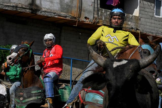 Cowboys ride during a bull tailing competition held as part of the "Fiestas del Alma Llanera" celebration in San Fernando de Apure, Apure State, Venezuela, on February 27, 2026. Bull tailing is very popular in the plains of Venezuela. It is a professional discipline throughout the country and attracts thousands of spectators, but it also faces harsh criticism for animal mistreatment from activists and outsiders. (Photo by Federico PARRA / AFP)