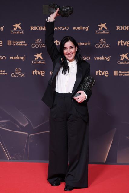 Spanish film director Alauda Ruiz de Azua poses with her Best Director and Best Original Screenplay awards for "Los Domingos" (Sundays) during the 40th Goya awards ceremony at the Auditori Forum CCIB in Barcelona, on February 28, 2026. (Photo by Josep LAGO / AFP)