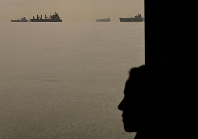 A tourist looks at a cargo ship waiting to enter the Panama Canal in Panama City on February 28, 2026. (Photo by MARTIN BERNETTI / AFP)