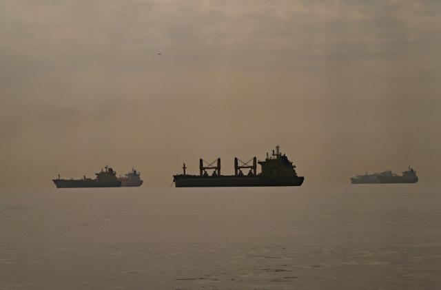 Cargo ships wait to enter the Panama Canal in Panama City on February 28, 2026. (Photo by MARTIN BERNETTI / AFP)
