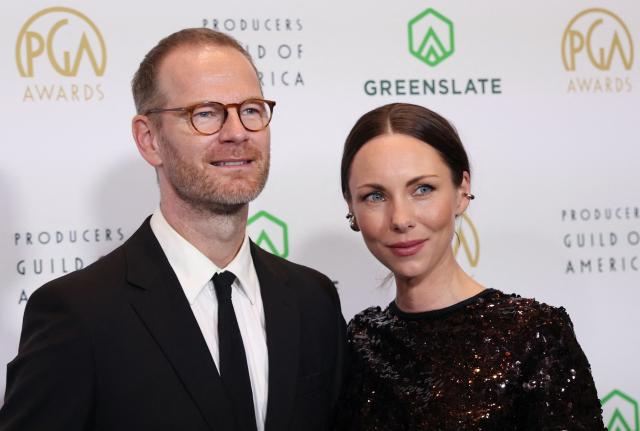 Norwegian director and screenwriter Joachim Trier and his wife architect Helle Bendixen Trier arrive at the 37th Annual Producers Guild Awards at Fairmont Century Plaza in Los Angeles on February 28, 2026. (Photo by Michael Tran / AFP)